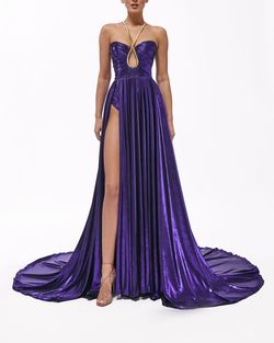 Style metallic-majesty-24-28 Valdrin Sahiti Purple Size 0 Tall Height Floor Length Shiny Side slit Dress on Queenly
