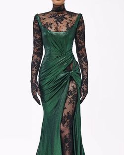 Style metallic-majesty-24-24 Valdrin Sahiti Green Size 4 Shiny Pageant Side slit Dress on Queenly