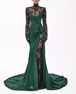 Style metallic-majesty-24-24 Valdrin Sahiti Green Size 4 Floor Length Pageant Shiny Side slit Dress on Queenly