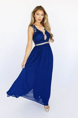 Style D16370 SOIEBLU Blue Size 4 Military D16370 Floor Length Straight Dress on Queenly