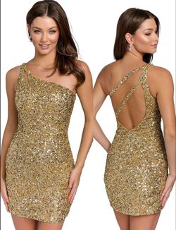 Style PC3573 Primavera Gold Size 8 Fitted Sequined Cocktail Dress on Queenly