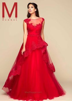 Style 48233H Mac Duggal Red Size 4 Cap Sleeve Prom Lace Ball gown on Queenly