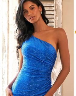 Style 55199 Sherri Hill Blue Size 4 55199 Mini One Shoulder Cocktail Dress on Queenly