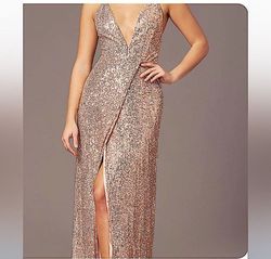 Promgirl Gold Size 12 Floor Length Plus Size Side slit Dress on Queenly