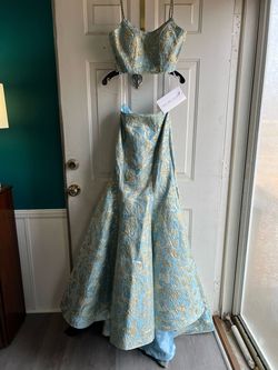 Style 7050 Rachel Allan Blue Size 4 Military Turquoise Mermaid Dress on Queenly