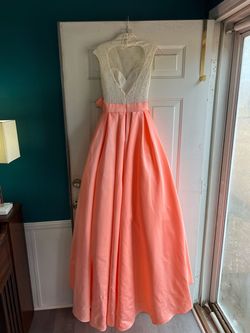 Angela and Alison Multicolor Size 4 Coral High Neck Lace Floor Length A-line Dress on Queenly