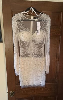 Jovani White Size 10 Speakeasy Sheer Long Sleeve Free Shipping Bridal Shower Cocktail Dress on Queenly