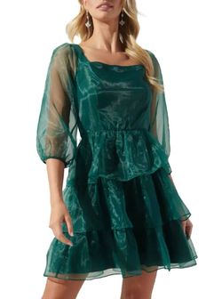 Style 1-2233875398-2696 SUGARLIPS Green Size 12 Sleeves A-line Emerald Square Neck Cocktail Dress on Queenly