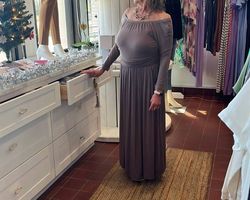 Style 1-2296319463-2791 Camille & Co Brown Size 12 Long Sleeve Floor Length Straight Dress on Queenly