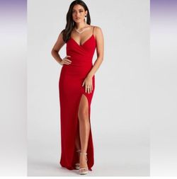 Windsor Red Size 8 Plunge Floor Length Side slit Dress on Queenly