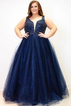 Style ROSAMUND_NAVY20_95CA4 Sydneys Closet Blue Size 20 Floor Length V Neck Shiny Ball gown on Queenly