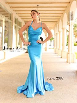 Style 2382 Jessica Angel Blue Size 4 2382 Floor Length Turquoise Train Dress on Queenly