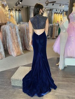 Sherri Hill Blue Size 4 Floor Length Velvet Tall Height Beaded Top Mermaid Dress on Queenly