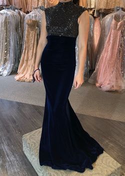 Sherri Hill Blue Size 4 Floor Length Navy Prom High Neck Mermaid Dress on Queenly