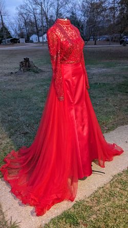 Sherri Hill Red Size 0 Long Sleeve Floor Length Custom Sheer Embroidery Train Dress on Queenly