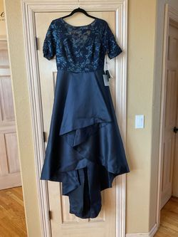 Style AP1E205139 Adrianna Papell Blue Size 8 Medium Height Cap Sleeve Floor Length Sheer Sleeves Train Dress on Queenly