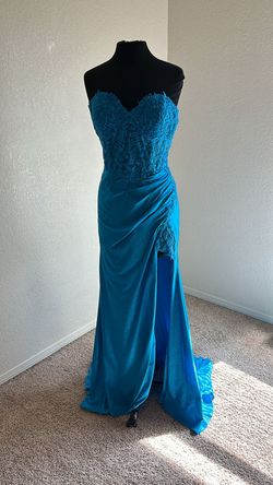 Amarra Blue Size 14 Floor Length Jersey Sweetheart A-line Dress on Queenly