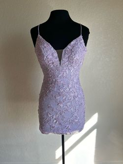 Amarra Purple Size 4 Plunge Spaghetti Strap Lace Lavender Cocktail Dress on Queenly