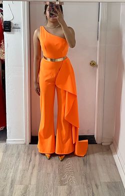 Style 11152 Ashley Lauren Orange Size 4 Homecoming Jersey Appearance Jumpsuit Dress on Queenly