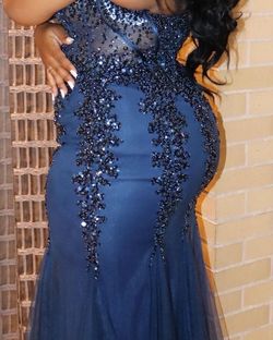Jovani Blue Size 12 Short Height Military Jewelled Sequined Plus Size Mermaid Dress on Queenly