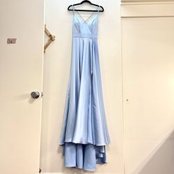 Style 55278 Mac Duggal Blue Size 6 V Neck Train Side slit Dress on Queenly