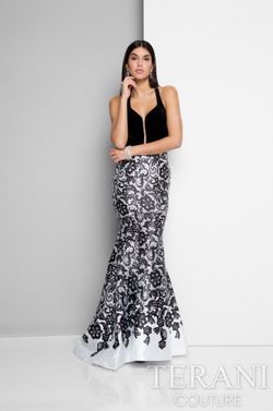 Style 1715P3825 Terani Couture Black Size 6 Train Tall Height Satin Lace Jewelled Mermaid Dress on Queenly