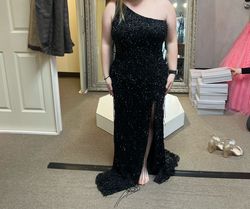 Style 54896 Sherri Hill Black Size 8 Pageant Jersey Side slit Dress on Queenly