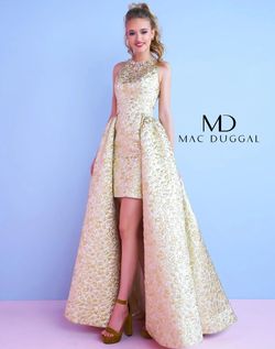 Style 40694N Mac Duggal Gold Size 0 Floor Length 40694n Side slit Dress on Queenly