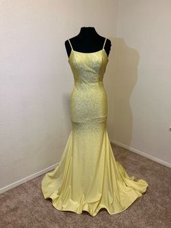 Style 20002 Amarra Yellow Size 4 Plunge Floor Length Mermaid Dress on Queenly
