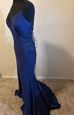 Style 87277 Amarra Blue Size 16 Plus Size Plunge Floor Length Mermaid Dress on Queenly