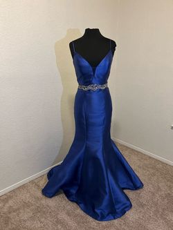 Nina Canacci Blue Size 10 Jersey Wedding Guest Plunge Floor Length Mermaid Dress on Queenly