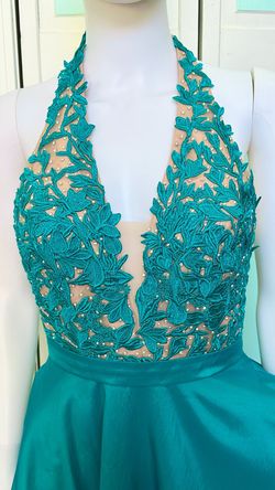Style 51643 Sherri Hill Green Size 2 Plunge Teal Prom Train Dress on Queenly