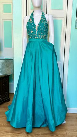 Style 51643 Sherri Hill Green Size 2 Floor Length Halter Teal Train Dress on Queenly