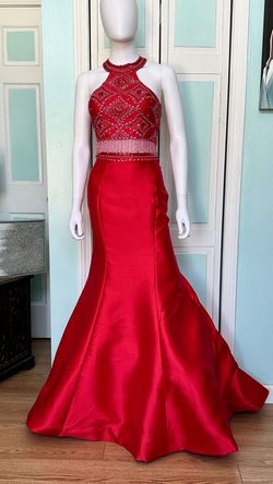 Style 7557 Rachel Allan Red Size 4 Military High Neck Silk Floor Length Mermaid Dress on Queenly