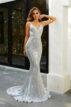 Style PS21287 Portia and Scarlett Silver Size 4 Ps21287 Tall Height Mermaid Dress on Queenly