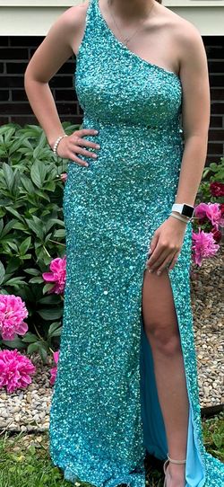 Sherri Hill Blue Size 2 Pageant Jersey Medium Height Side slit Dress on Queenly