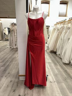 Style DM 11044 Dave and Johnny Red Size 8 Satin Dm 11044 Fitted Side slit Dress on Queenly