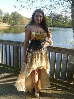 La Femme Gold Size 8 Tulle Strapless Free Shipping Floor Length Train Dress on Queenly