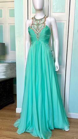 Style 7196 Rachel Allan Light Green Size 4 High Neck Military A-line Dress on Queenly