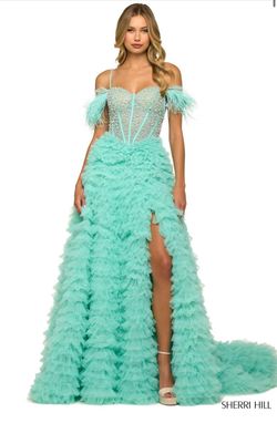 Style 55387 Sherri Hill Blue Size 2 Medium Height Side Slit 55387 A-line Dress on Queenly