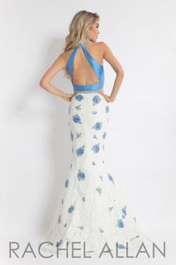 Style 6050 Rachel Allan Blue Size 4 Halter Embroidery Mermaid Dress on Queenly