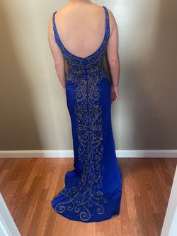Brianna Blair Blue Size 2 Embroidery Plunge Jewelled Train Mermaid Dress on Queenly