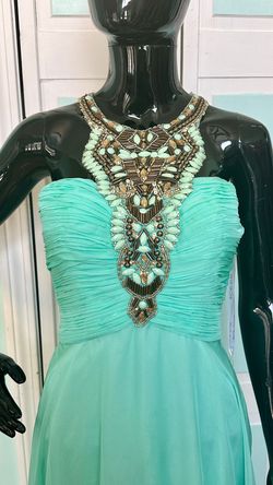 Style 7197 Rachel Allan Light Green Size 4 High Neck Wedding Guest Jewelled A-line Dress on Queenly