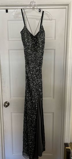 Style 3290 Primavera Silver Size 14 Black Tie Swoop Side slit Dress on Queenly