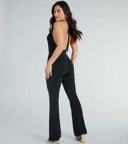 Style 06502-2497 Windsor Black Size 4 Plunge Halter Cut Out Jumpsuit Dress on Queenly