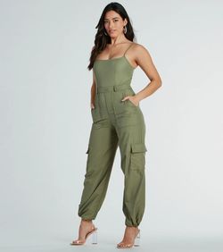 Style 06302-0816 Windsor Green Size 0 Jersey Belt Spaghetti Strap Pockets Jumpsuit Dress on Queenly