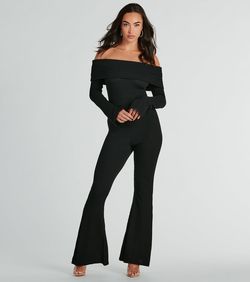 Style 06502-2474 Windsor Black Size 4 Long Sleeve Side Slit Jumpsuit Dress on Queenly