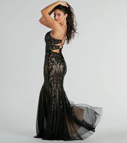 Style 05002-8066 Windsor Black Size 4 Tall Height Padded Sequined Spaghetti Strap Mermaid Dress on Queenly