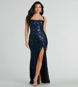 Style 05002-8240 Windsor Blue Size 4 Shiny Sheer Pattern Tall Height Side slit Dress on Queenly