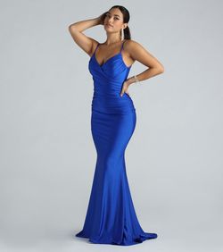 Style 05002-7679 Windsor Blue Size 0 Bridesmaid Tall Height V Neck Shiny Mermaid Dress on Queenly
